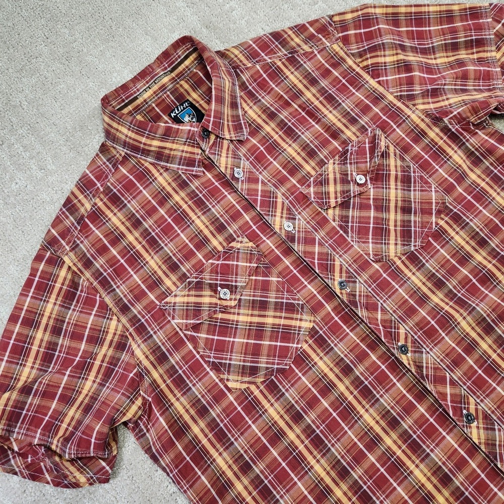 Kuhl Shirt Men Medium Suncel Button Up Plaid UPF Hiking Outdoor Short Sleeve